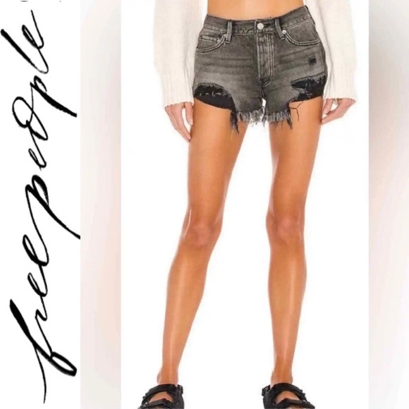 Free People We The Free Good Vibrations Cut-Off Denim Jean Shorts Sulphur Black - Picture 2 of 12